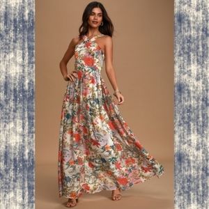 LULU'S Lilja Floral Print Halter flowy Maxi Dress